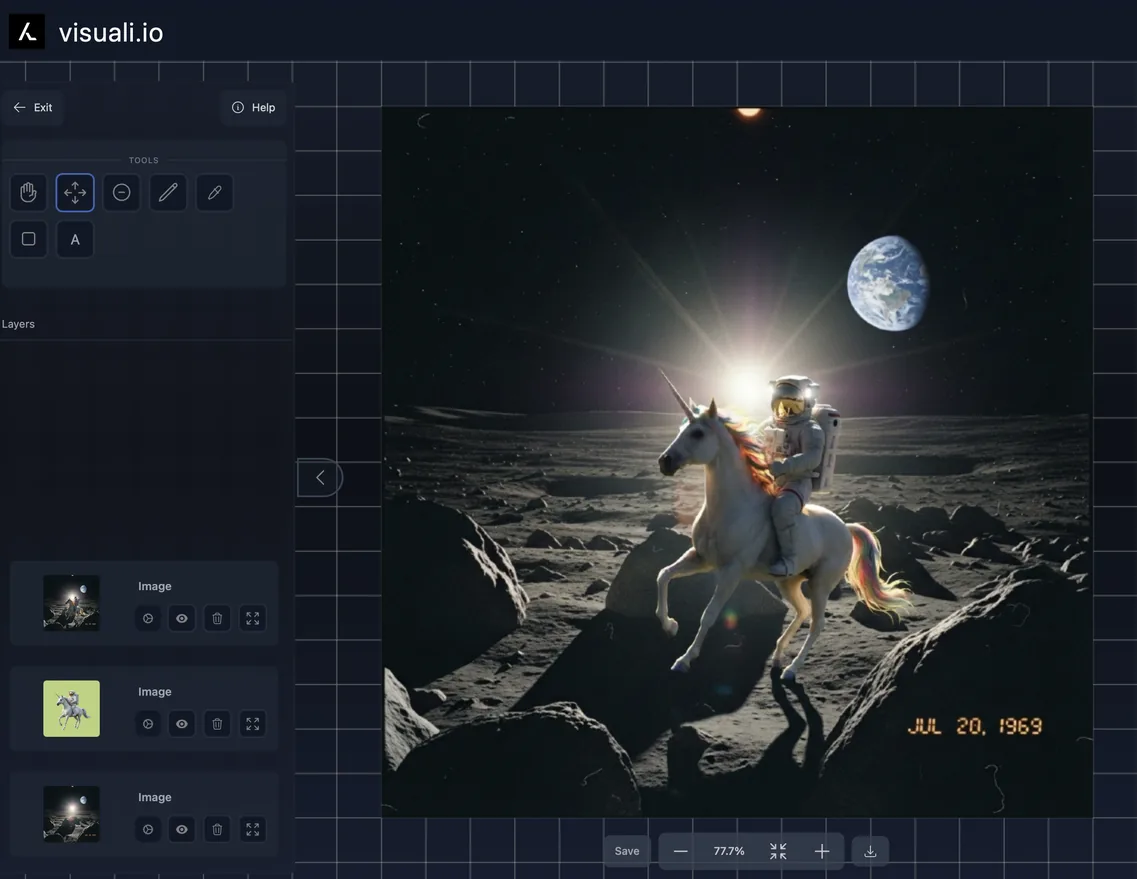 The final product  of the background removal process in Visuali. Showing a astronaut riding a unicorn (the subject)  placed on the image taken on the moon (the background) with proper lighting and shadows