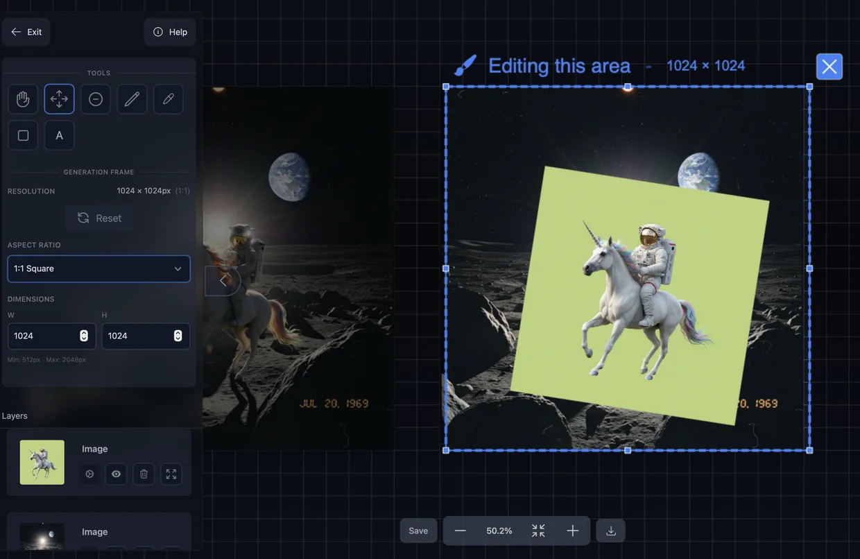 A screenshot of the editing frame and settings in Visuali showing dimmed background and settings 