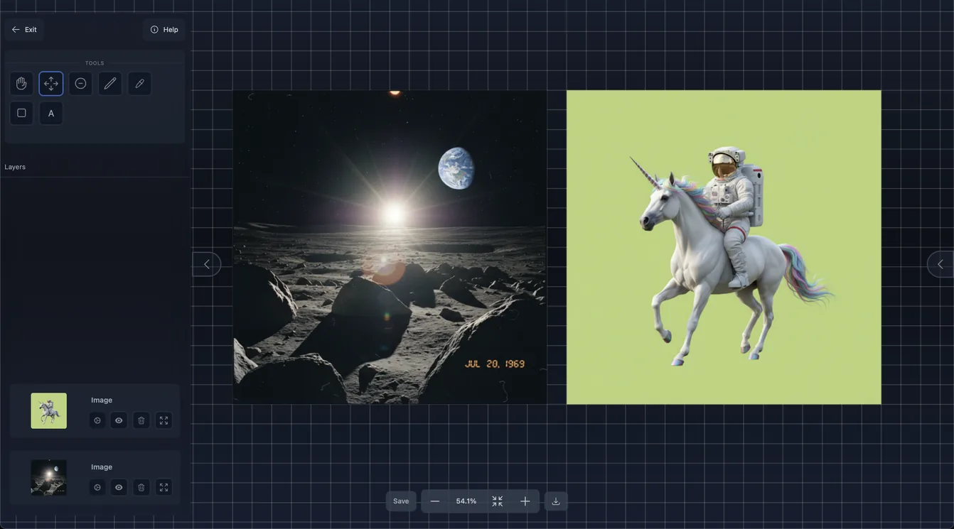 The first step of the background removal process in Visuali. Showing a astronaut riding a unicorn (the subject) next to a image taken on the moon (the background)