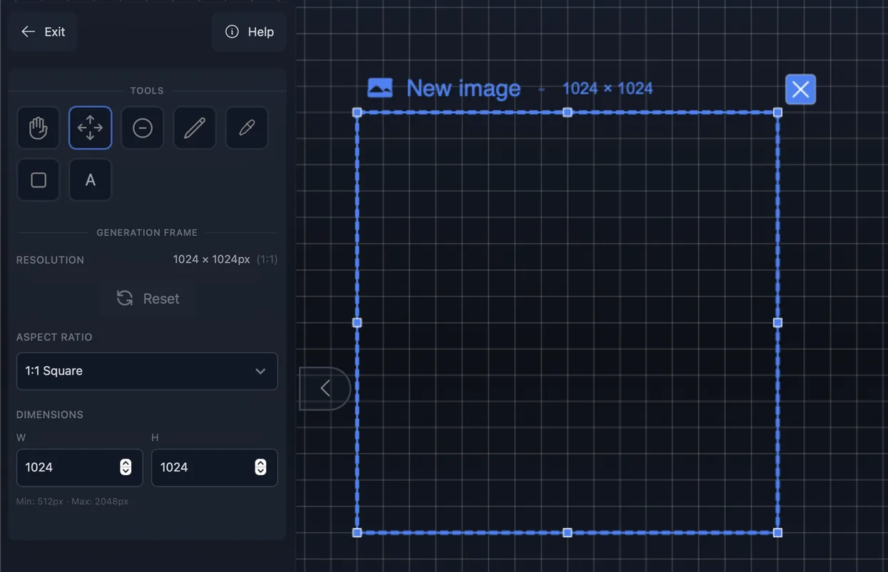 A screenshot of the generation frame and settings in Visuali