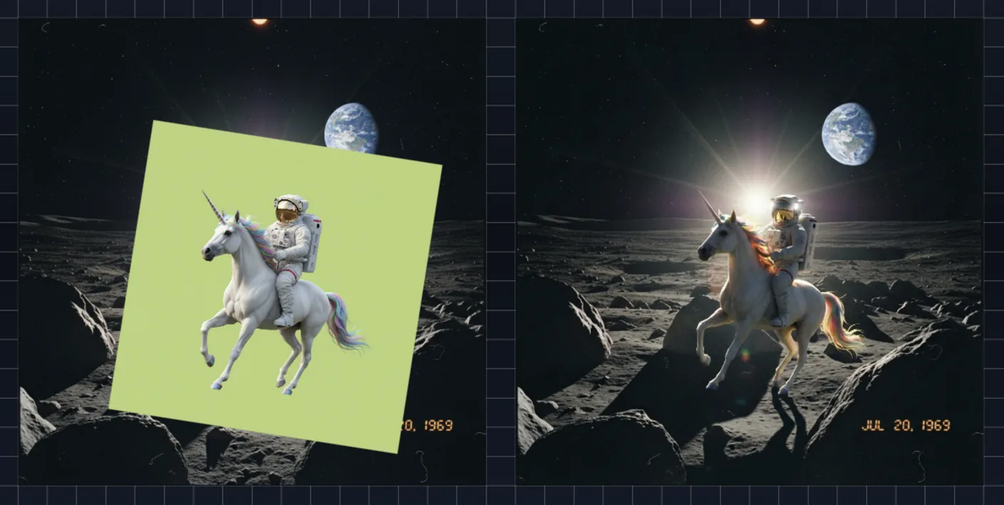 An example of the background removal process in Visuali. Showing a astronaut riding a unicorn on the moon