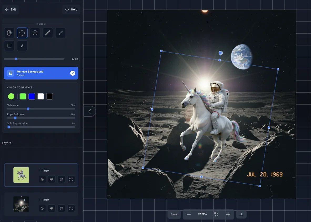 The third step of the background removal process in Visuali. Showing the astronaut riding a unicorn (the subject)  placed on the image taken on the moon (the background) with a transparent background