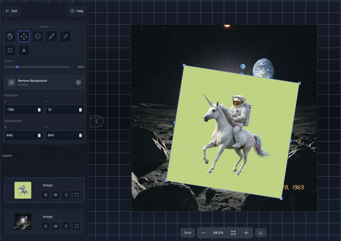 The second step of the background removal process in Visuali. Showing a astronaut riding a unicorn (the subject) being placed on the image taken on the moon (the background)