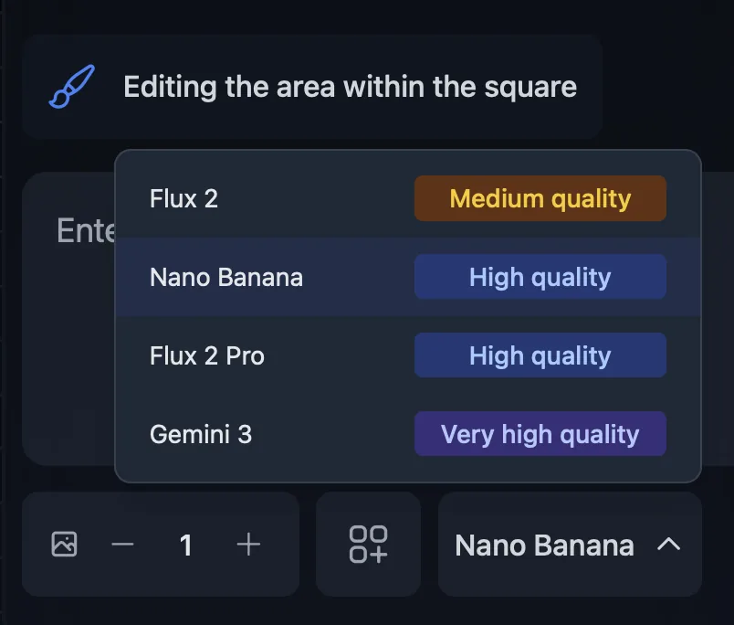 A list of all AI image editing models in Visuali in december 2025: Nano Banana Flux 2, Flux 2 Pro Gemini 3 / Nano Banana Pro
