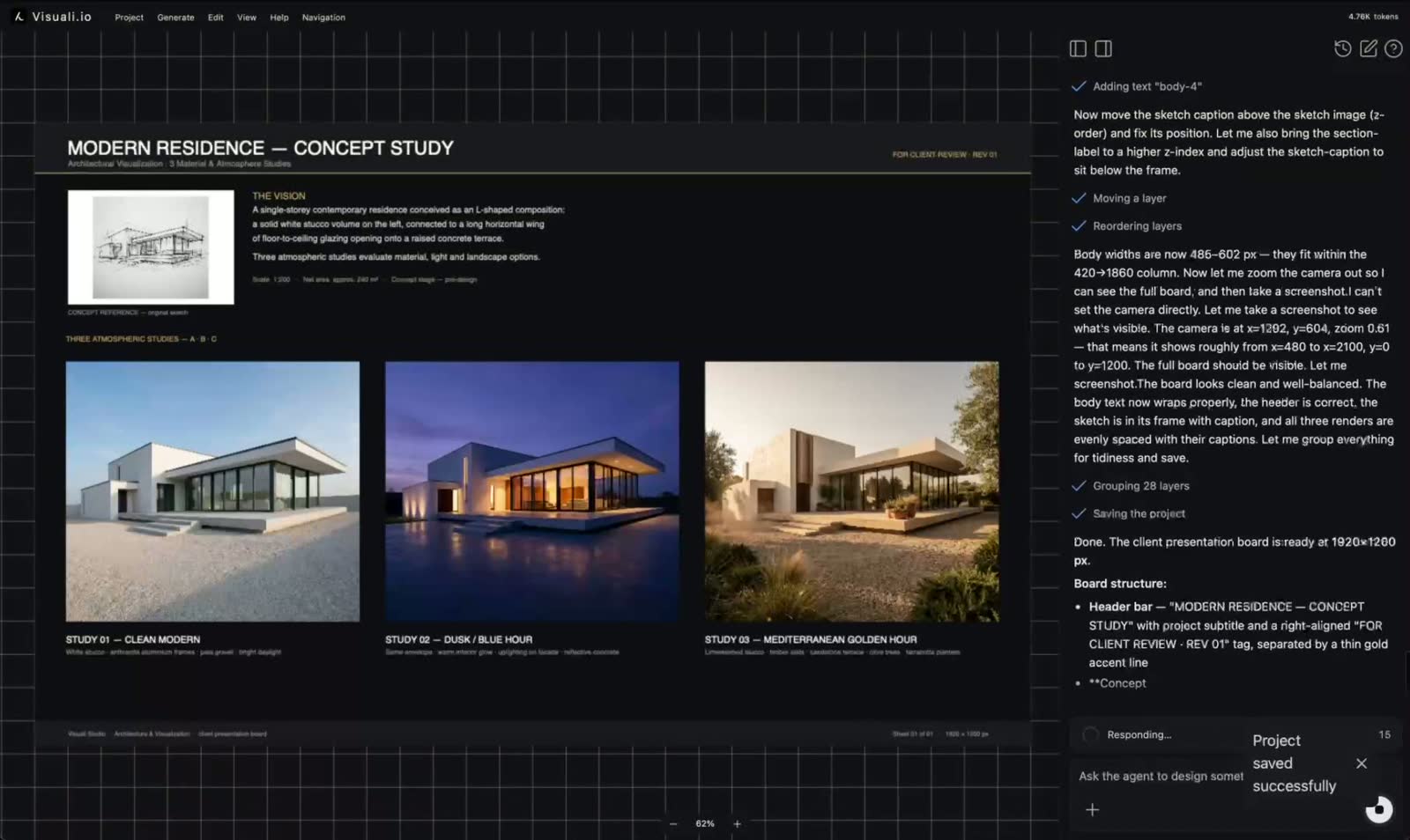 The Visuali editor with the AI agent building a presentation board